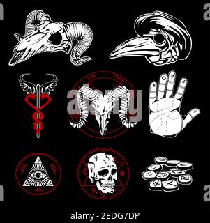 Hand drawn esoteric emblems and occult attributes with pyramid wings all seeing eye  and human palm on black background flat vector illustration Stock Vector