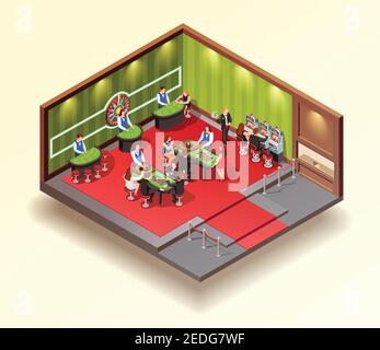 Casino isometric Design concept with gaming room cashier slot machines and people playing roulette and poker vector illustration Stock Vector