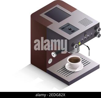 Modern coffee machine with cup of drink and inscription americano on white background isometric isolated vector illustration Stock Vector