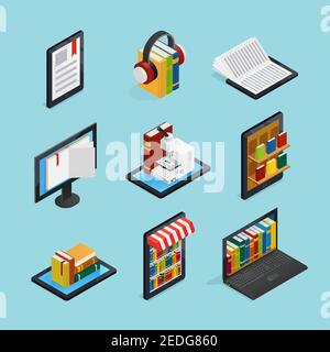 Online books isometric set with listening reading on mobile device internet library and stores isolated vector illustration Stock Vector