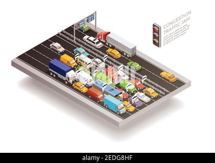 Traffic jam isometric top view design concept with stoplight cars and trucks on multilane roadway vector illustration Stock Vector