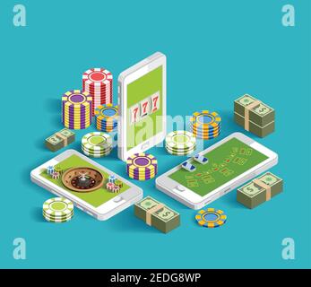 Casino isometric icons composition with chips bundles of banknotes and smartphone images with casino gaming apps vector illustration Stock Vector