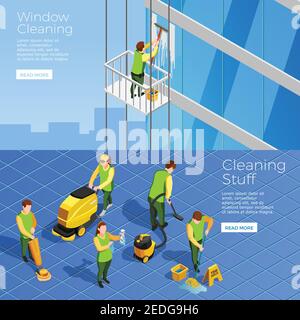 Isometric horizontal banners with stuff of industrial alpinism company cleaning skyscraper windows and office cleaners with vacuum vector illustration Stock Vector