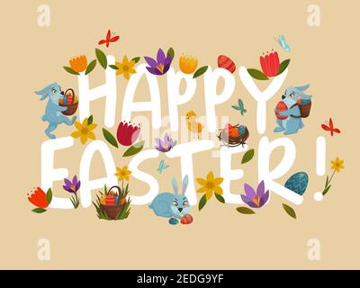 Happy easter white lettering with bright colorful floral lettering on natural sand beige background abstract vector illustration Stock Vector