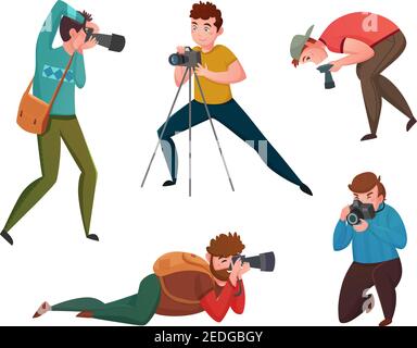 Male photographer in different poses with cameras decorative icons set isolated vector illustration Stock Vector