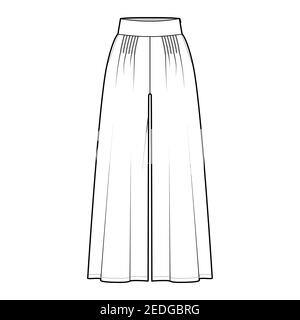 Pants gaucho technical fashion illustration with low waist, rise, pleated, ankle cropped length, seam pockets. Flat trousers bottom apparel template, white color. Women, men, unisex CAD mockup Stock Vector