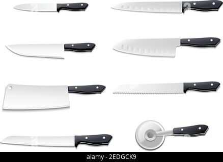 Isolated realistic knives icon set with sharp blades for pizza meat bread fish vector illustration Stock Vector