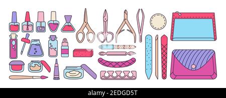 Manicure equipment bright set. Line polishing nails, nail polish, file, tweezers, hand cream, scissors, oil, nippers brush. Manicure outline tools design elements beauty and Spa concept trendy vector Stock Vector