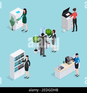 Office life scenes isometric set with employees near water cooler cabinets copier at kitchen isolated vector illustration Stock Vector