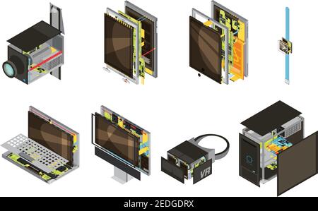 Colored gadgets scheme isometric icon set with computer reserve parts and microcircuit vector illustration Stock Vector