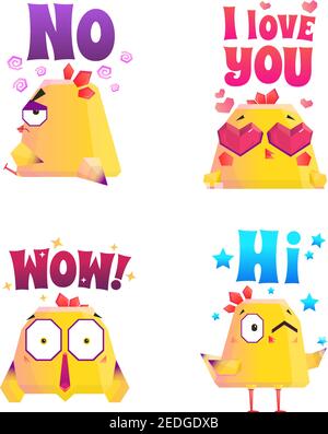 Chicken compositions set of isolated doodle characters representing different emotions with appropriate artwork and text captions vector illustration Stock Vector