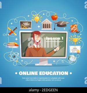 Online education design concept with lecturer at blackboard and distance learning icons set flat vector illustration Stock Vector