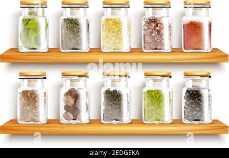 Colored and realistic glasses jars with herbs spices set composition on wooden shelves vector Illustration Stock Vector