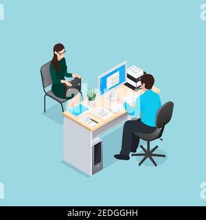 Job interview scene with personnel manager at workplace and woman candidate on blue background isometric vector illustration Stock Vector