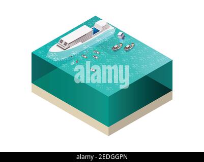 Rescue service team saving people near drowning ship isometric composition on white background 3d vector illustration Stock Vector