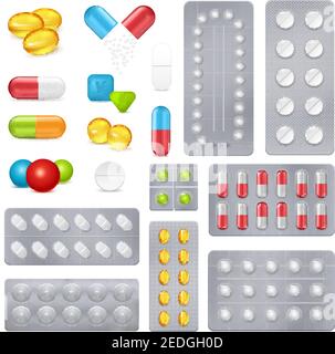 Pharmaceutical products medicine pills and capsules in push through aluminium laminated foil packages realistic set vector illustration Stock Vector