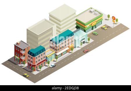 Many storeyed urban store buildings in street with few cars isometric concept on white background vector illustration Stock Vector