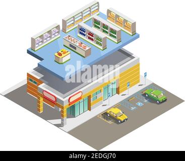 Supermarket store building exterior and interior ground floor composition isometric view with adjacent parking lot vector illustration Stock Vector