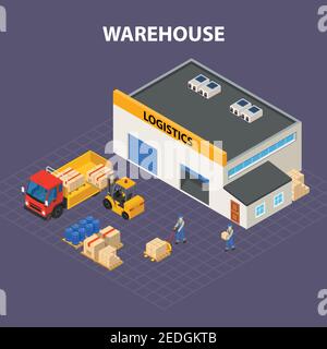 Warehouse outside isometric design concept with storage building and forklift loading goods in delivery truck vector illustration Stock Vector