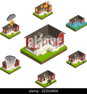 House insurance isometric concept collection with similar isolated cottage images affected by different types of damage vector illustration Stock Vector