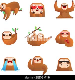 Different emotions of cute sloth polygonal set isolated on white background vector illustration Stock Vector