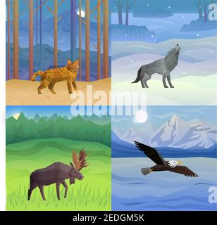 Polygonal 2x2 background with wild animals and birds in their habitat set isolated vector illustration Stock Vector