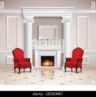 Realistic classic interior design with fireplace, moldings, columns and red armchairs on beige floor 3d vector illustration Stock Vector