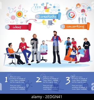 Coworking infographics template with communication of people hand drawn icons with parts of creative process vector illustration Stock Vector