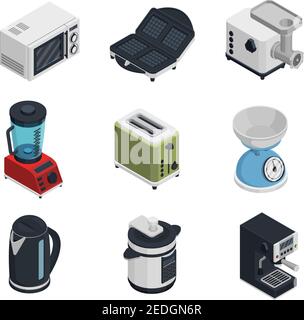 Kitchen appliances isometric icons set with toaster teapot and coffee machine isolated vector illustration Stock Vector