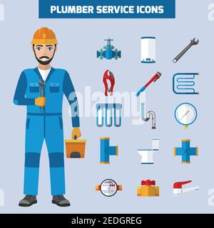 Plumber icons set with flat male sanitary technician character tubes tools and bath equipment images vector illustration Stock Vector