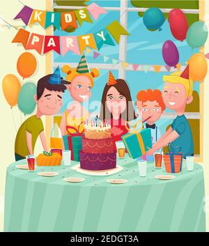 Kids birthday party background with flat characters of five happy children at festive table with balloons vector illustration Stock Vector