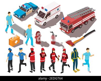 Rescue service workers their cars and equipment isometric set isolated on white background 3d vector illustration Stock Vector