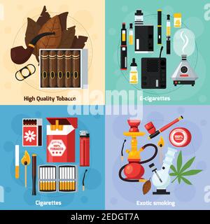 Smoking 2x2 design concept of exotic smoking usual and electronic cigarettes high quality tabasco flat compositions  vector illustration Stock Vector