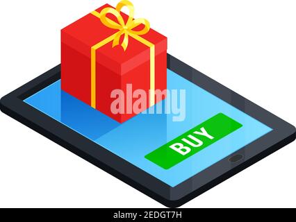 Online order conceptual composition with isometric gift box on top of tablet touch screen with buy button vector illustration Stock Vector