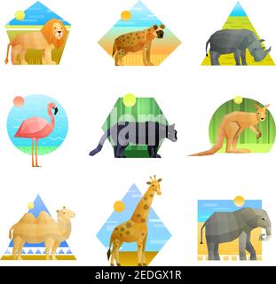 Polygonal set of patterned emblem of different shape with african animals and birds isolated on white background vector illustration Stock Vector