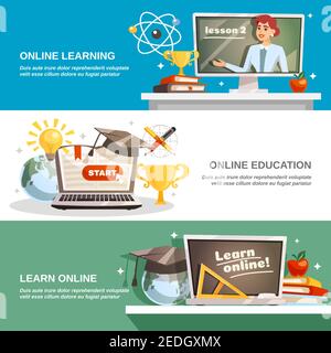Online education horizontal banners with professional lecturer gives lessons on internet  flat vector illustration Stock Vector