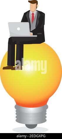Business man in a suit working on a laptop computer on top of a light bulb. Concept of entrepreneur and working. Vector illustration. Stock Vector
