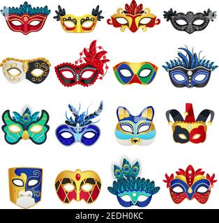 Set of different colorful venetian carnival masks with feathers and clowns hat flat isolated vector illustration Stock Vector
