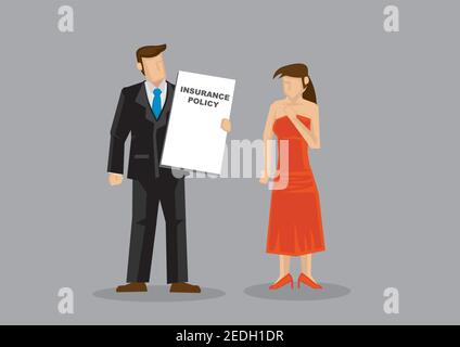 Businessman trying to sell an insurance policy to an young lady. Concept of healthcare insurance or emergency compensation. Vector illustration Stock Vector