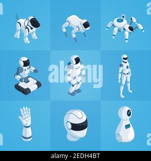 Robots set of isometric icons including androids automatic dog and spider on blue background isolated vector illustration Stock Vector