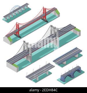 Bridges isometric set above river bay or lake isolated vector illustration Stock Vector