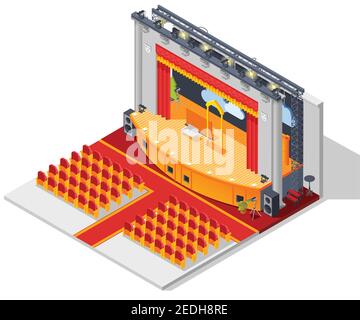 Theatre interior isometric concept with seats stage and curtains vector illustration Stock Vector