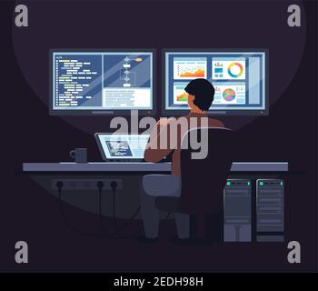 System administrator, software developer working on laptop computer in office, flat vector illustration. Stock Vector