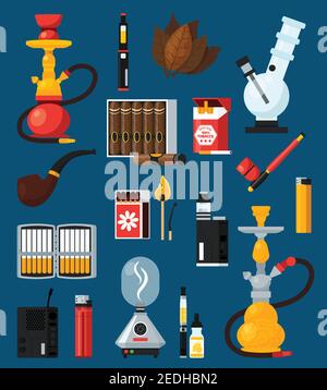 Smoking flat colored icons set with cigarettes cigar matches lighters bong hookah pipe tobacco leaves flat vector illustration Stock Vector