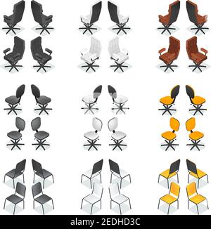 Colored and isolated isometric office chair icon set with different styles and colors vector illustration Stock Vector