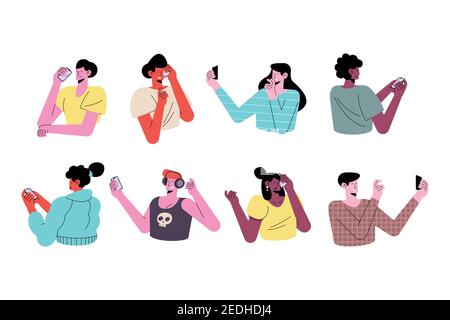 young eight persons wearing technology avatars characters vector illustration design Stock Vector