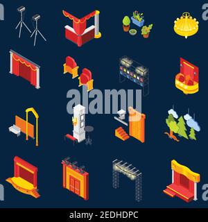 Theatre isometric icons set on blue background isolated vector illustration Stock Vector