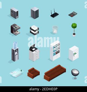 Colored office supplies isometric icon set with tools creating atmosphere in the office vector illustration Stock Vector
