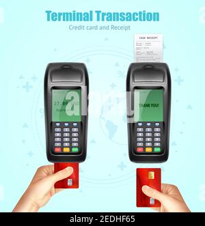 Credit bank card reader transaction payment moment with receipt coming from device realistic images set vector illustration Stock Vector