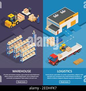 Logistics and warehouse two vertical banners with workers  racks with boxes and cargo transport isometric vector illustration Stock Vector
